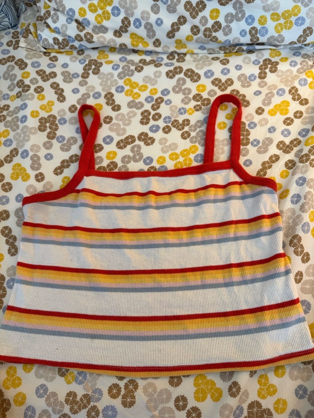 PacSun White Striped Ribbed Cropped Tank with Red Trim